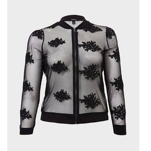 BURGUNDY EMBROIDERED MESH BOMBER JACKET